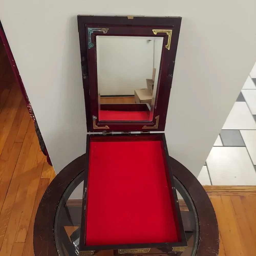 Antique c1920 Rosewood and Brass Chinese Mirror Box with Laquered Finish